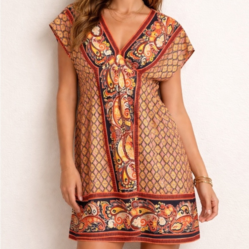 Banana Republic Paisley Geometric Boho Print 100% Silk Mini Dress Women’s XS
